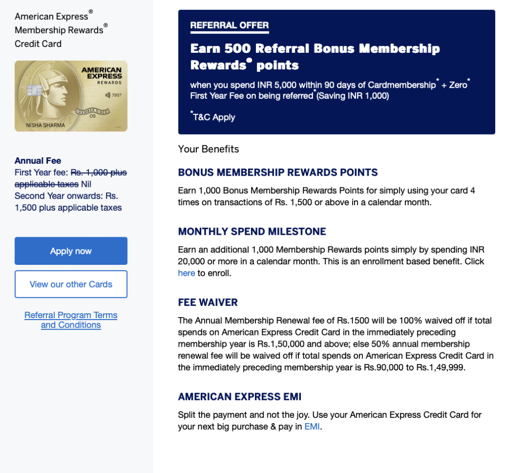 Free Amex Membership Rewards Credit Card India